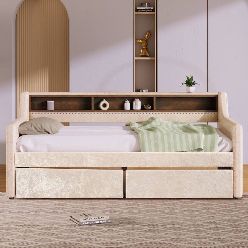 Velvet Daybed with Two Storage Drawers and Built-in Storage Shelves