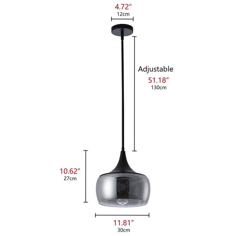 Matte Black 1-Light Dome Pendant Light with Smoke Grey Glass Shade