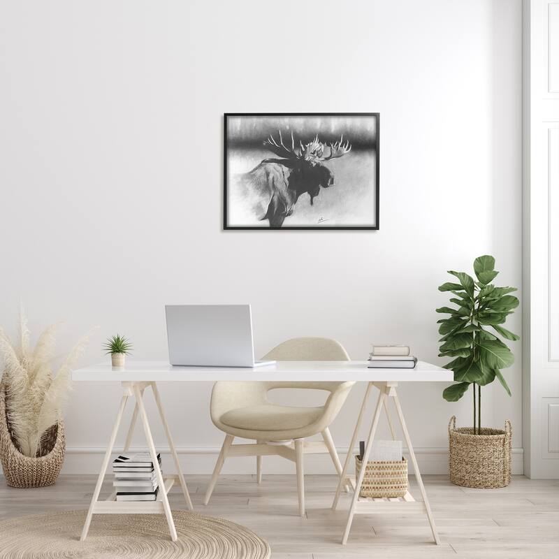 Stupell Moose in Rustic Forest Realistic Pencil Drawing Framed Wall Art - Grey