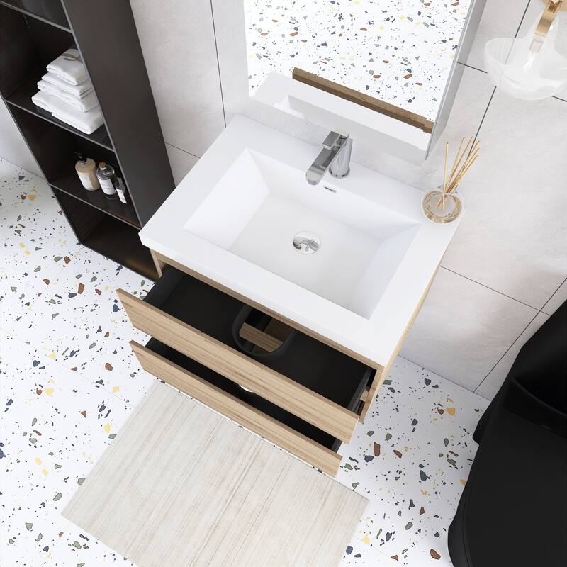 Angela Wall Mounted Bathroom Vanity in F. Oak with White Cultured Marble Top