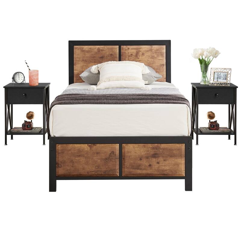VECELO 3-Pieces Bedroom Sets, Platform Bed with Headboard and Set of 2 Nightstands - Black - Twin