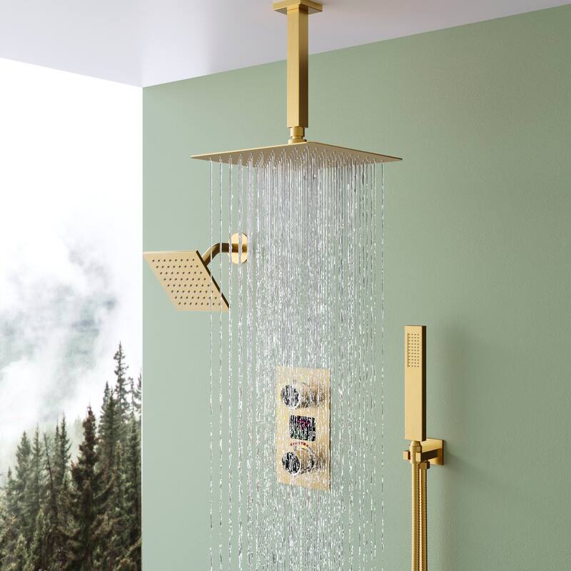 Dual Heads 12" Rainfall & High Pressure 6" Shower System w/ 3 Way Digital Display Faucet