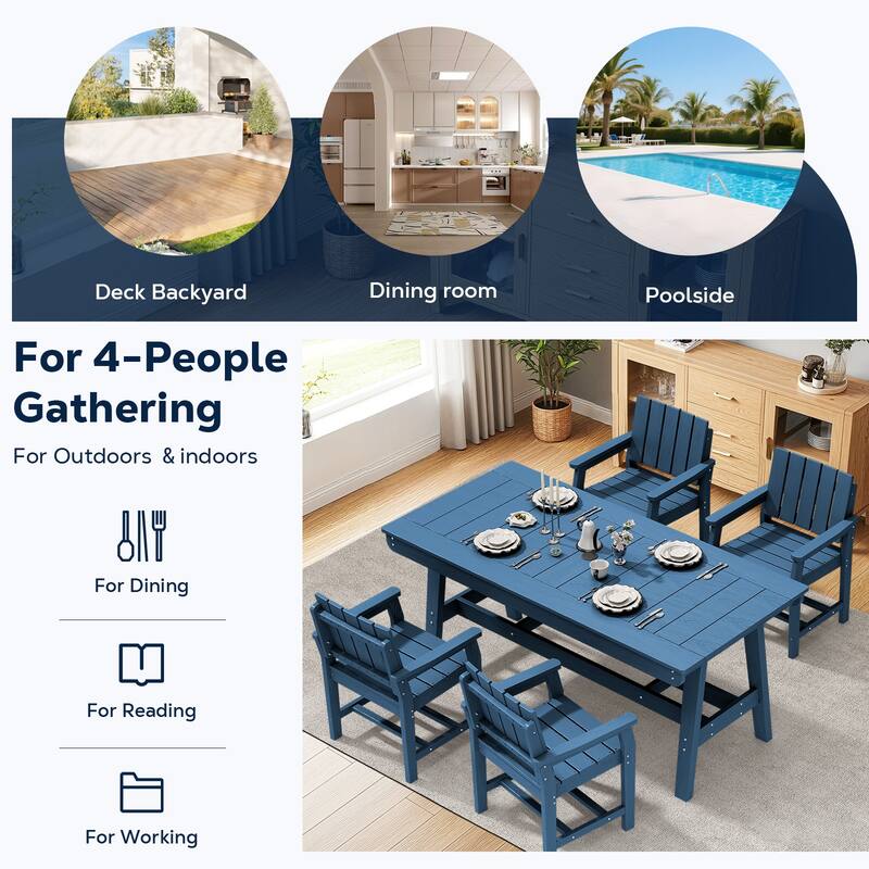 HDPE Patio Dining Set with Rectangular 67.91in W Table with Umbrella Hole and 4 Chairs - N/A