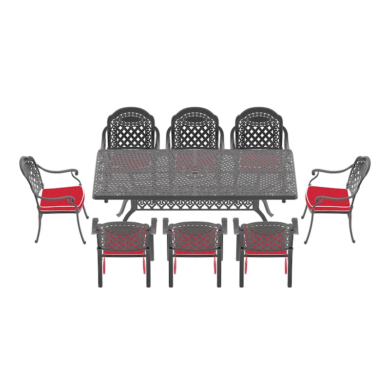 7/9-Piece Cast Aluminum Outdoor Dining Set with 82.68'' L X 41.34'' W Rectangular Table and Random Color Seat Cushions