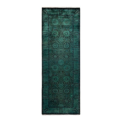 Overton Hand Knotted Wool Vintage Inspired Modern Contemporary Overdyed Green Runner Rug - 3' 3" x 8' 10"
