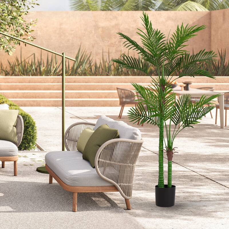 6FT Artificial Palm Tree, Fake Tropical Palm Tree in Pot, Faux Dypsis Lutescens Plant with Realistic Leaves - Green