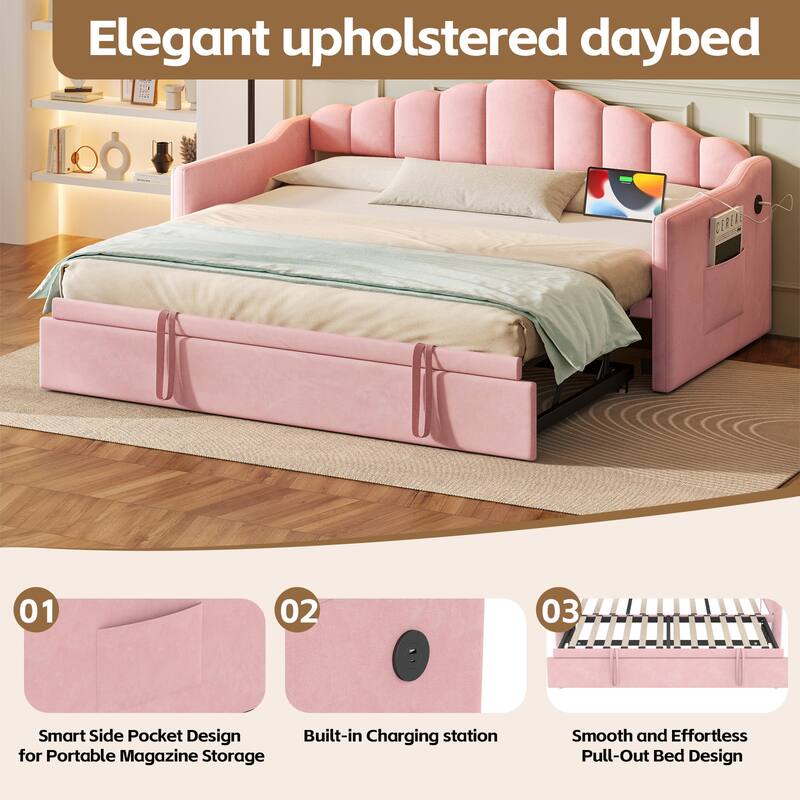 Upholstered Twin Size Daybed with Adjustable Height Pop Up Trundle Twin Bed and USB & Type-C Charging Port,with 2 Side Pockets