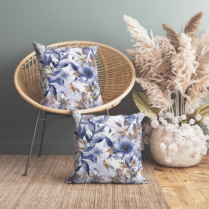 Exquisite Floral Breeze Indoor/Outdoor Reversible Throw Pillow Blue and Gold