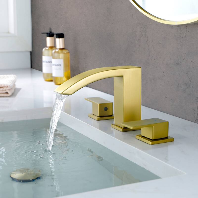 Widespread Bathroom Sink Faucet With Drain Assembly 3 Holes 8 Inch Waterfall Bathroom Faucet Two Handle Modern Basin Vanity Tap