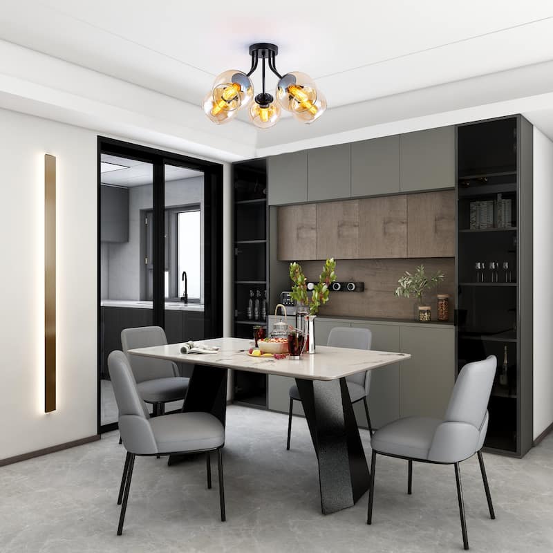 5 Lights Semi-Flush Mount Ceiling Light with Amber Glass Shade Sputnik - Dia.20.47-in