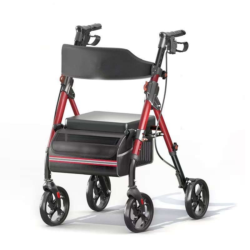 Matinal Foldable Rollator Walkers with Seat for Seniors, 350 lb Capacity, 8'' Big Wheels, 6-Position Height - Red