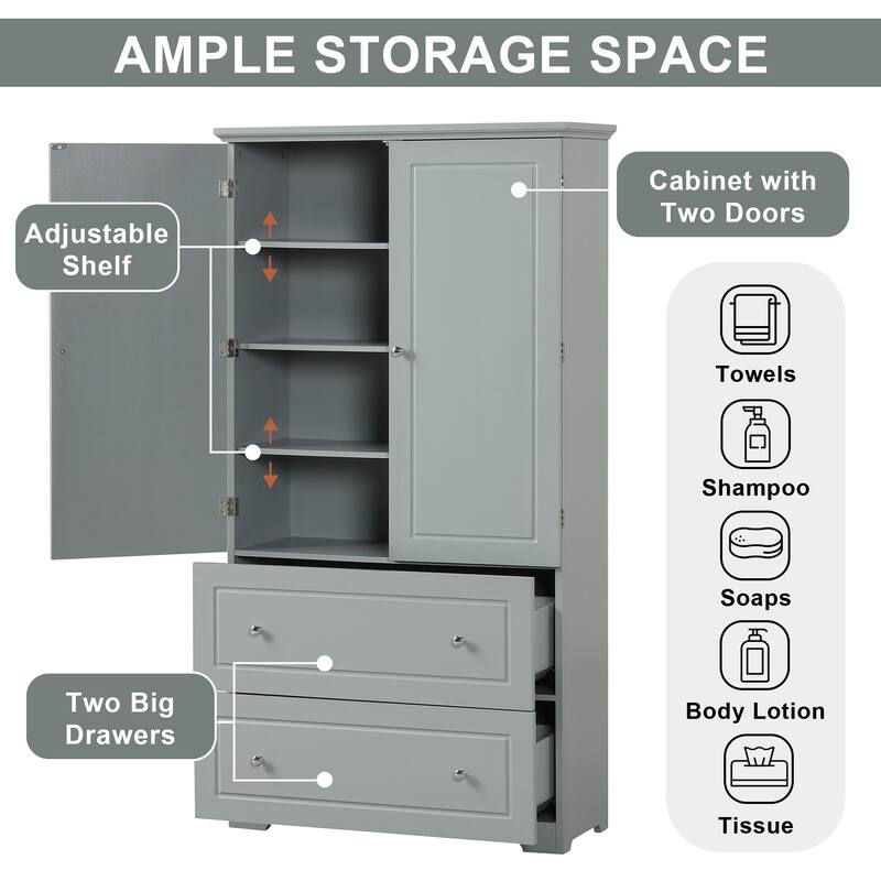 Wood Frame Freestanding Storage Cabinet with Adjustable Shelf and Drawers