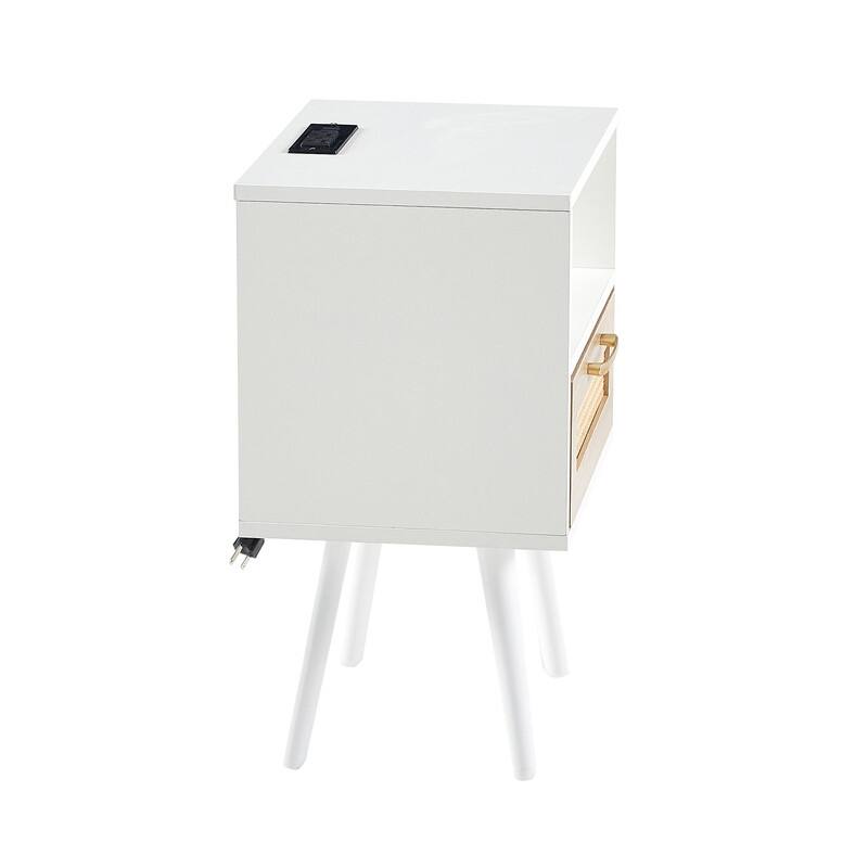 Mid-Century End Table with Drawer and Charging Station Rattan Nightstand-White