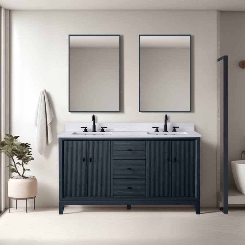 Vanity Art 60" Freestanding Bathroom Vanity with Engineered Marble Top and Sinks - 60"/Matte Black - Vintage Spruce Blue