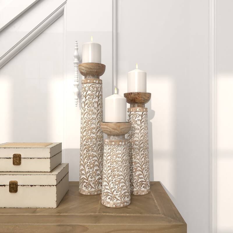 Mango Wood Floral Handmade Carved Pillar Candle Holder with Cream Accents - Set of 3 Brown - Roche River Decor