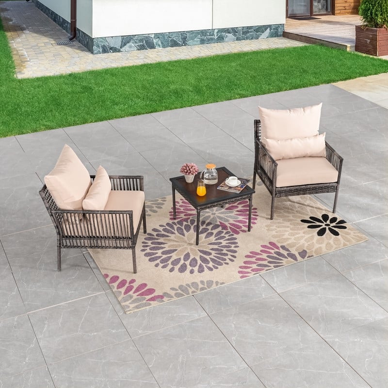 3-Piece Outdoor Wicker Conversation Bistro Set with Cushions and Pillows