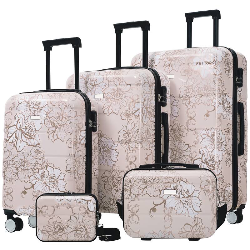 Luggage Sets New Model PC 5pcs, Hardside Lightweight Durable 20IN 24IN 28IN Suitcases with 8" 14" Cases with Lock Spinner Wheels - Pink Flower