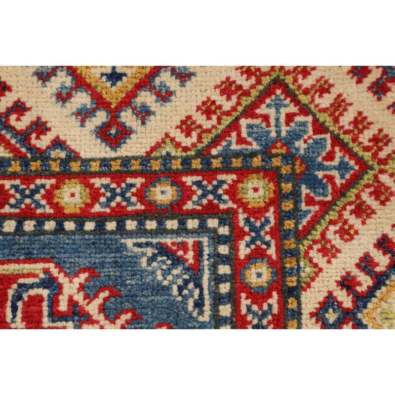 Blue Geometric Kazak Foyer Rug Hand-Knotted Traditional Wool Carpet - 2'10" x 4'1"