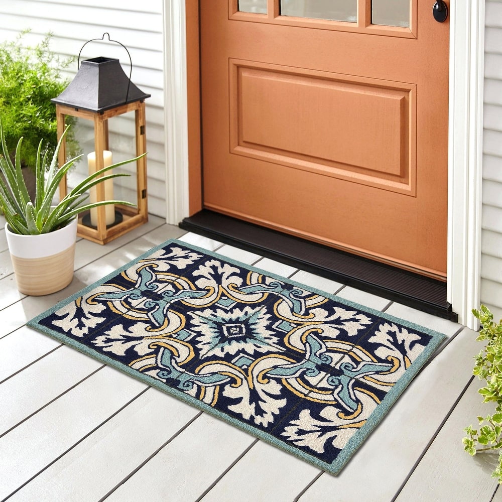 Liora Manne Ravella Floral Tile Indoor/Outdoor Rug Navy 7'6" x 9'6"