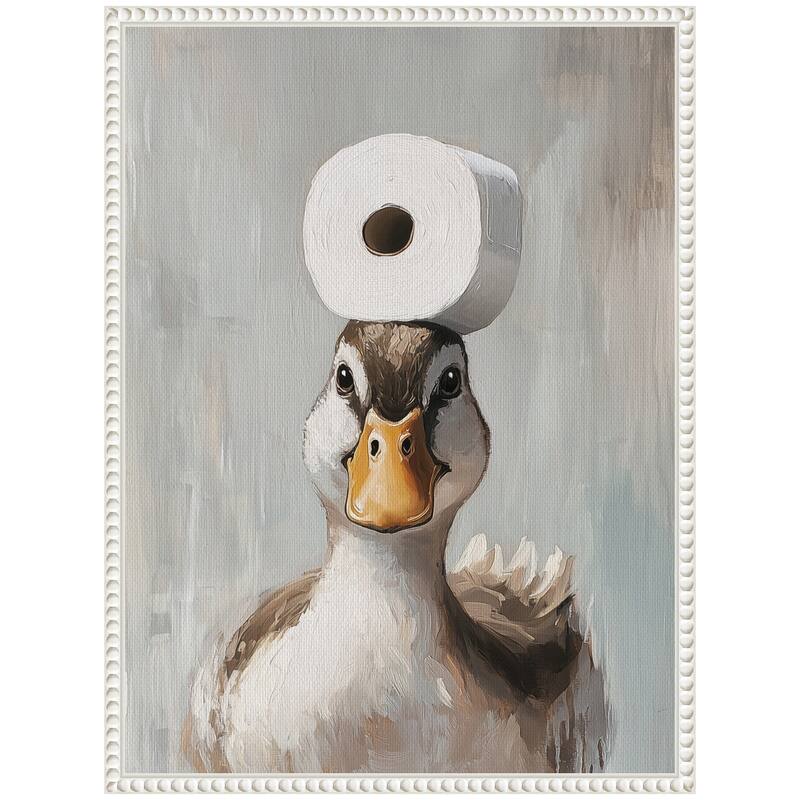 Kate and Laurel Sylvie Toilet Paper Roll on Ducks Head Bathroom Art Framed Canvas by The Creative Bunch Studio