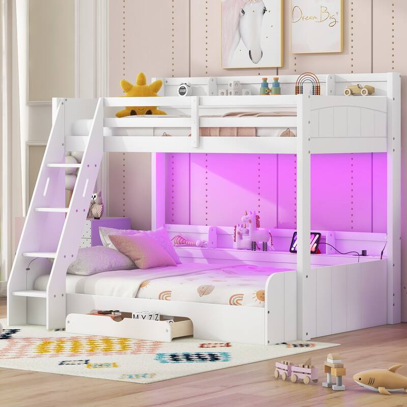 Twin Over Full LED Bunk Bed with Shelving, Charging Station & Storage Drawer