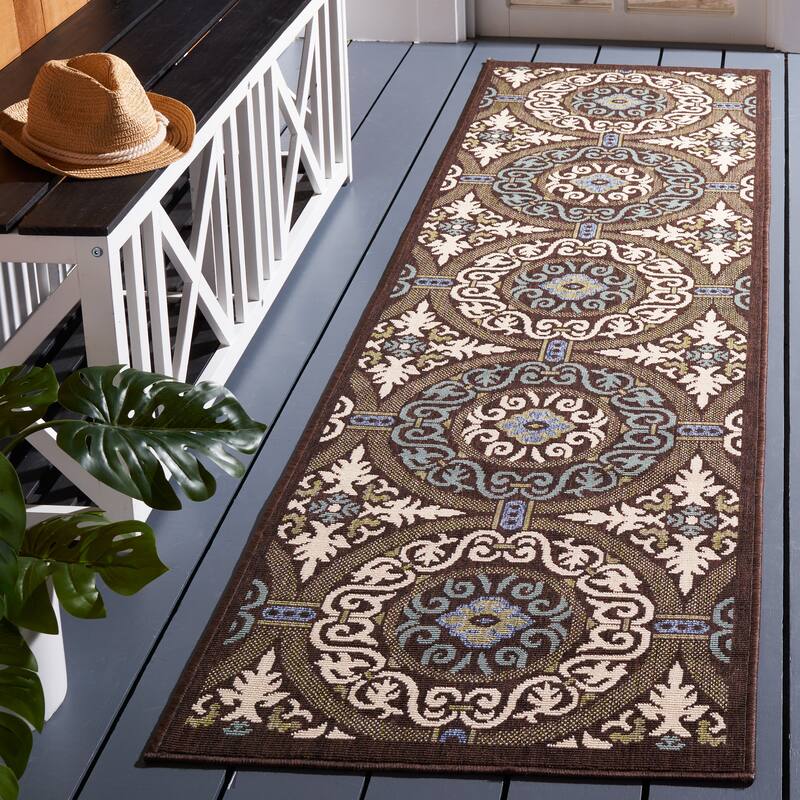 SAFAVIEH Veranda Rexhie Indoor/ Outdoor Waterproof Patio Backyard Rug - 2'3" x 8' Runner - Chocolate/Cream