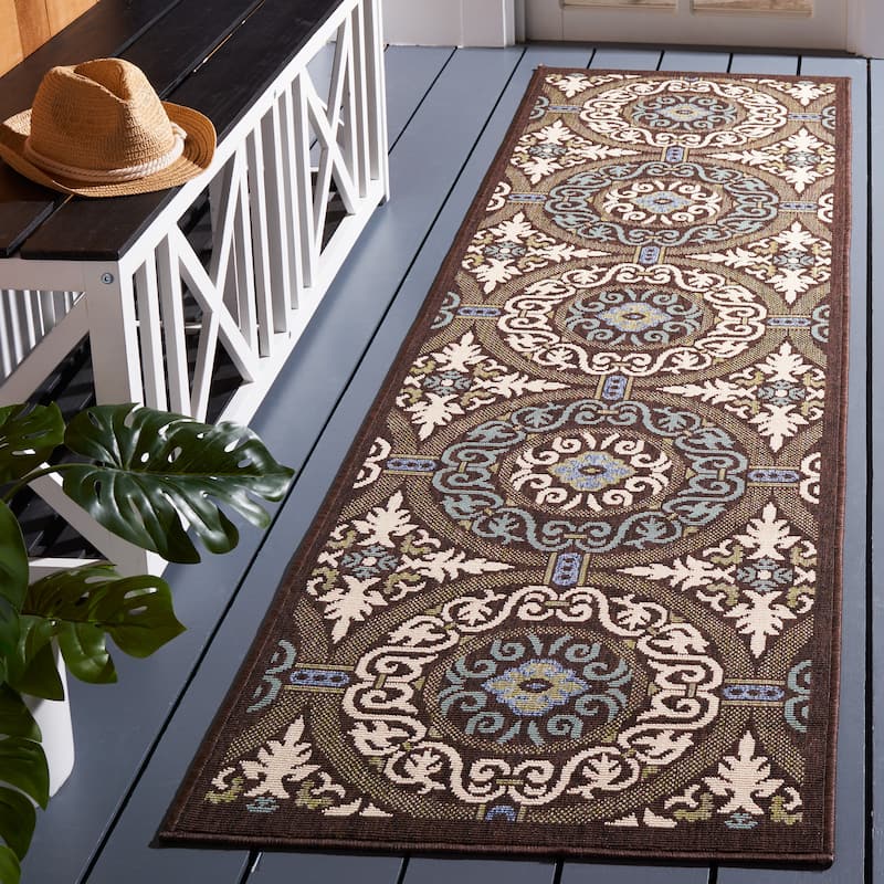 SAFAVIEH Veranda Rexhie Indoor/ Outdoor Waterproof Patio Backyard Rug - 2'3" x 8' Runner - Chocolate/Cream