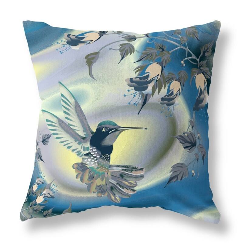 HomeRoots 18" X 18" Blue and Yellow Bird Blown Seam Floral Indoor Outdoor Throw Pillow - 18.00' X '18.00' X '5.00