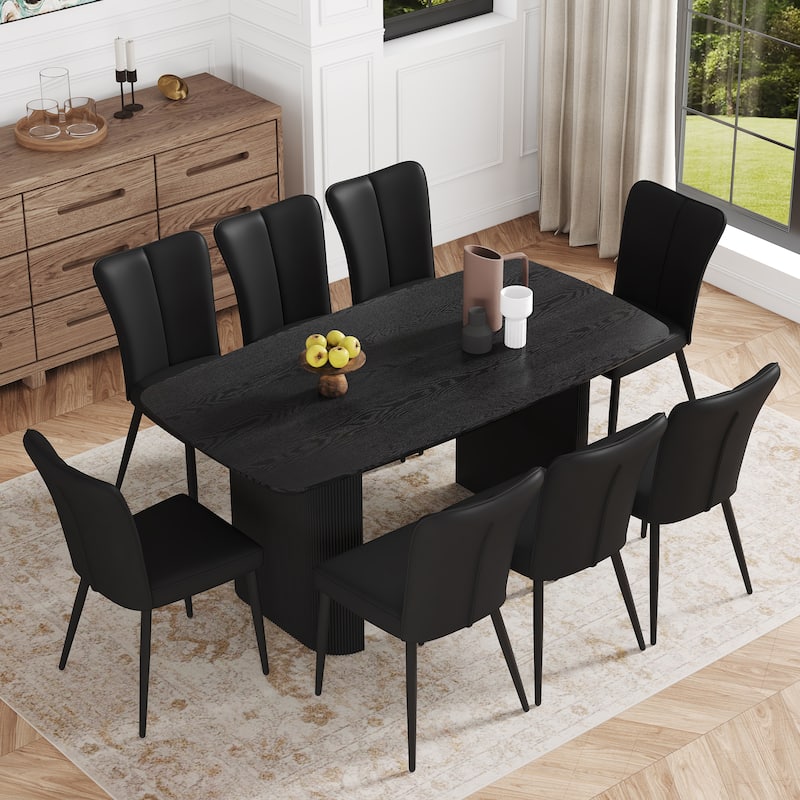 Minimalist Dining Table Set with 8 Upholstered Chairs, Black PU Leather Dining Chairs with Metal Legs