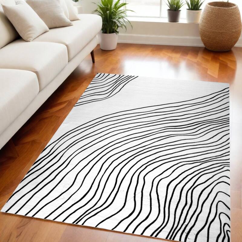 Qoviv Distressed Abstract Modern Stain Resistant Woven Durable Area Rug By HomeRoots - 5' X 8' - 5' X 8' - Black and White - Rectangle