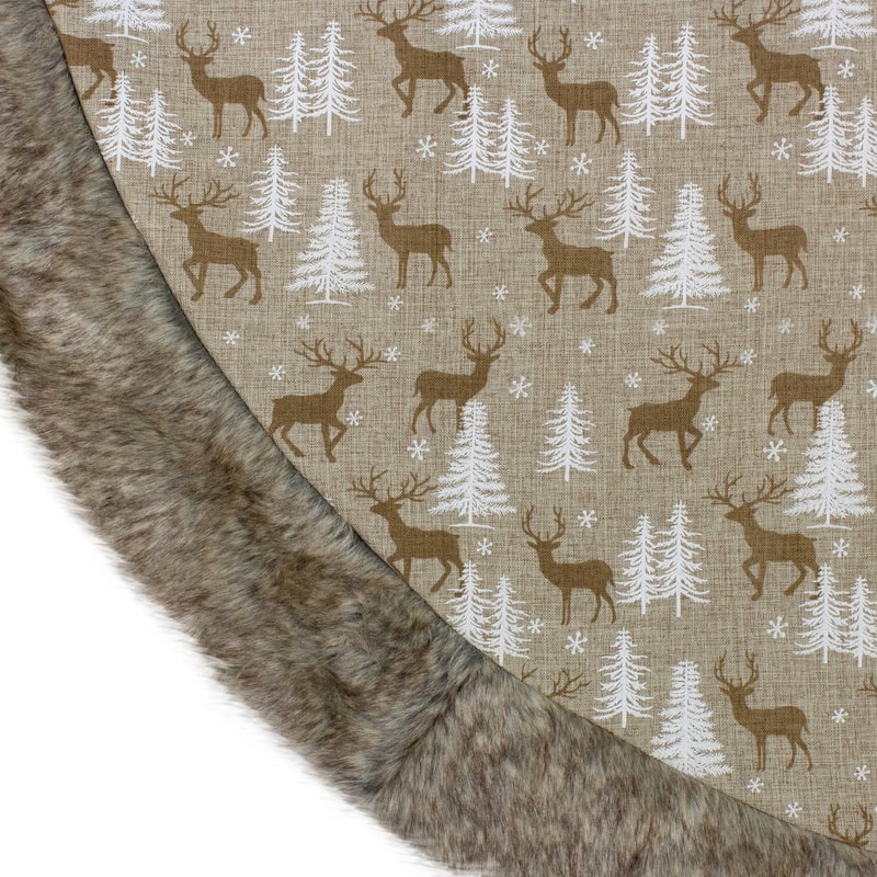 48" Green and Brown Knit Deer and Tree Christmas Tree Skirt - 48