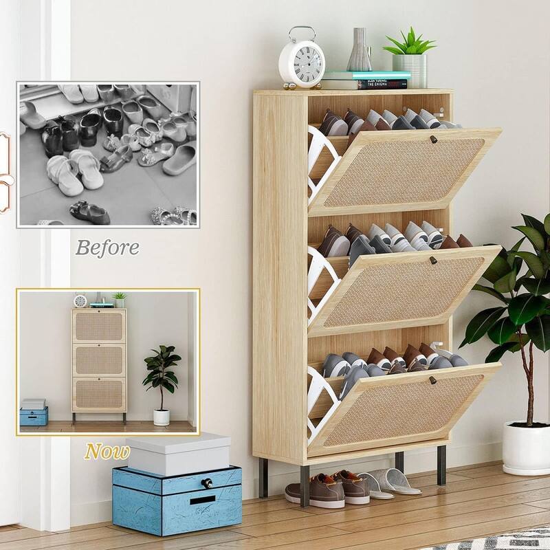 Boho Shoe Cabinet with 3 Rattan Flip Drawers, Free Standing Wood Entryway Shoe Rack, Hallway Shoe Organizer