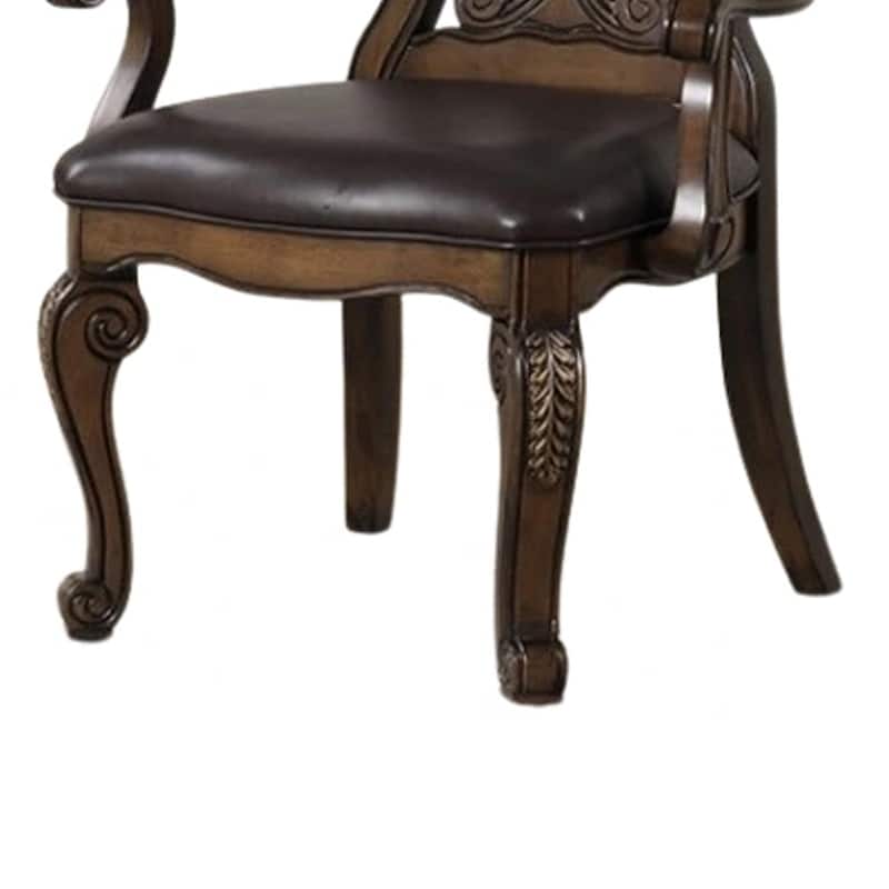 Leova Armchair Set of 2, Ornate Corbels, Dark Brown Wood, Faux Leather