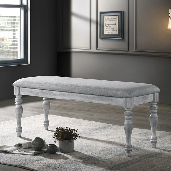 slide 2 of 4, Roundhill Furniture Salines Upholstered Turned Leg Dining Bench, Rustic White