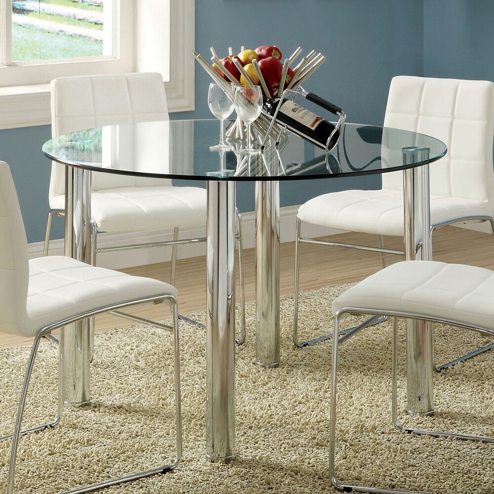 Furniture of America Jacreme Glass Top Round Dining Table, Silver