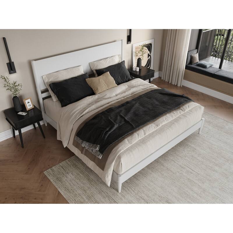 King Size Solid Wood Platform Bed - Low Profile Modern Bed Frame in White Finish