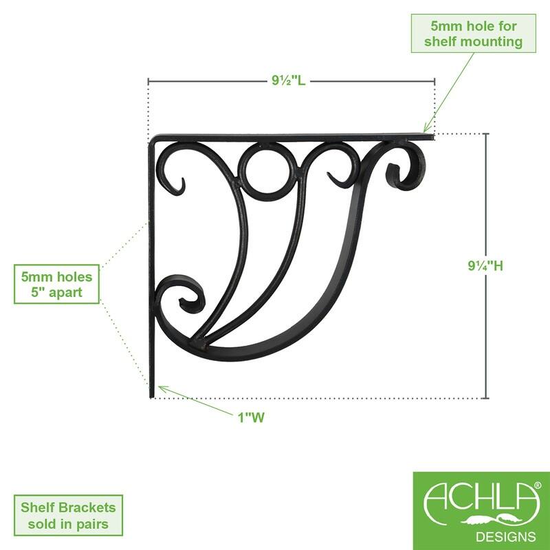 Achla Designs Art Deco Ionic Shelf Bracket, Set of 2, 12 Inch Wide, Black Powder Coat Finish