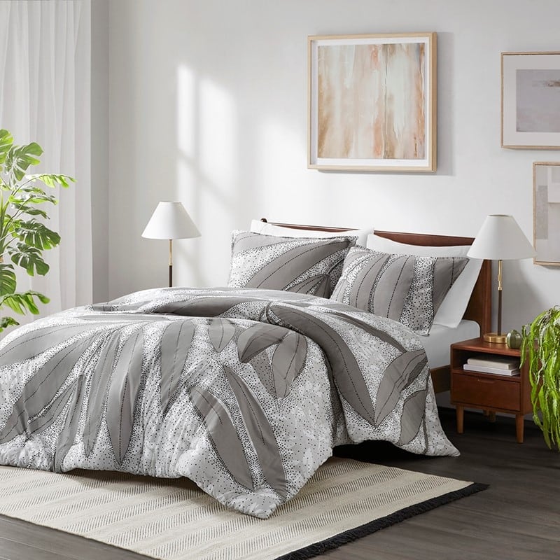 3 PCS Full/Queen Botanical Cotton Duvet Cover Set Gray - Gray