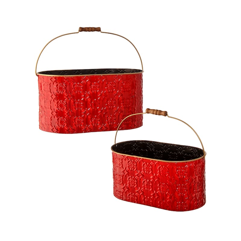 12-14" Metal Oval Container W/Handle Set of 2