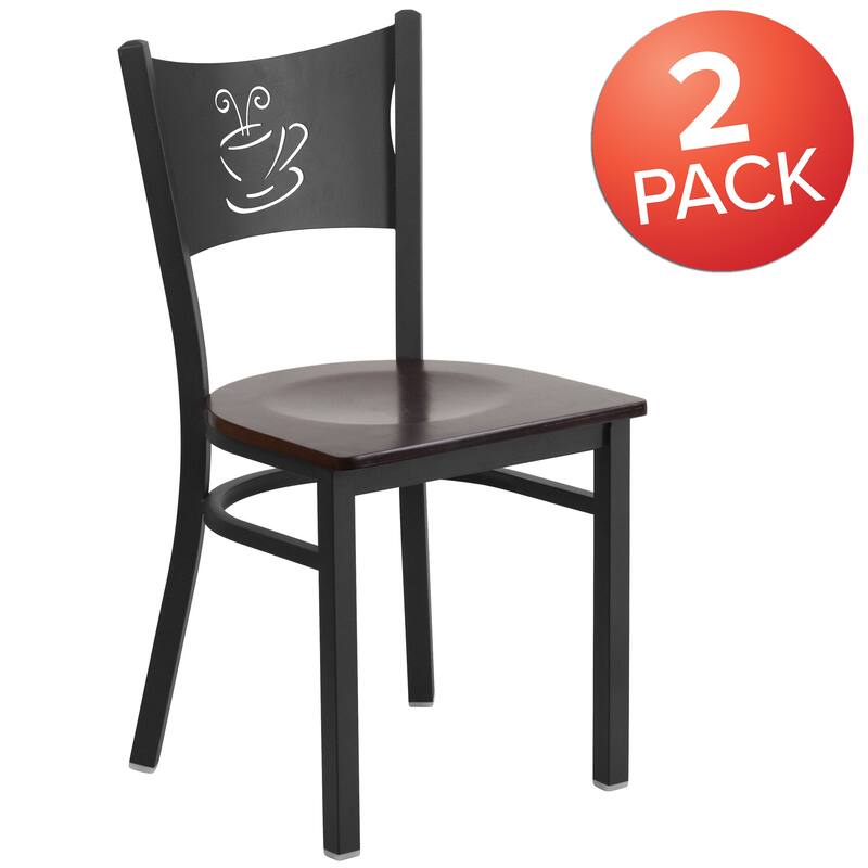 2 Pack Coffee Back Metal Restaurant Chair - 17.25"W x 20"D x 33.25"H - walnut wood seat/black metal frame