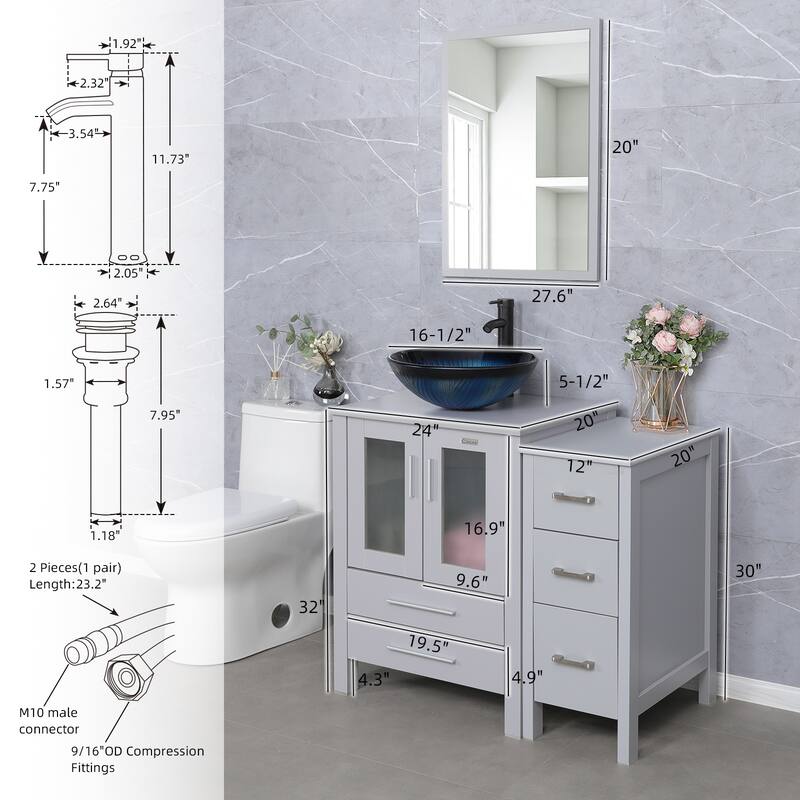 36" Bathroom Vanity Sink Gray Set with Side Cabinet Vessel Sink Mirror Faucet Combo