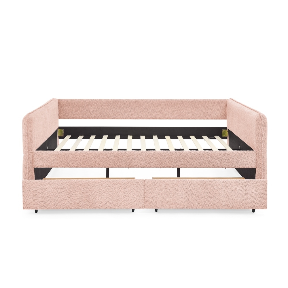Boucle Fabric Queen Size Daybed with Two Drawers Upholstered Tufted Sofa Bed
