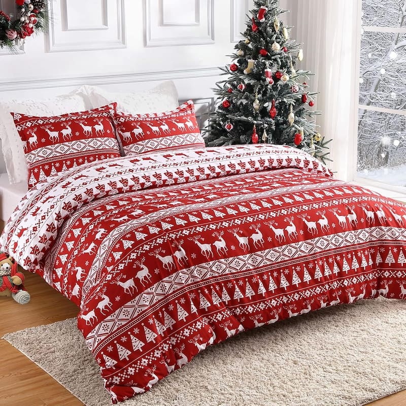 Reversible Printed Christmas Duvet Cover and Pillow Shams Set, Bedding Set - Queen
