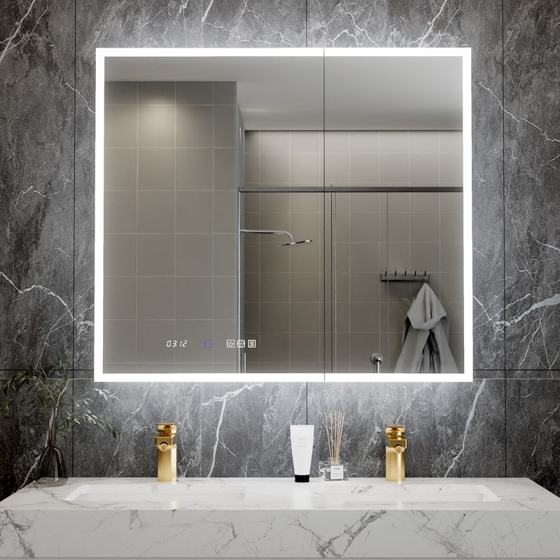 MEDUNJESS Double Opening Frameless Bathroom Mirror Cabinet with Defogging - 36x32D