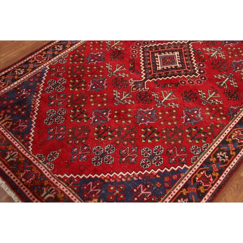 Red Geometric Joshaghan Persian Area Rug Handmade Wool Carpet - 4'3" x 6'11"