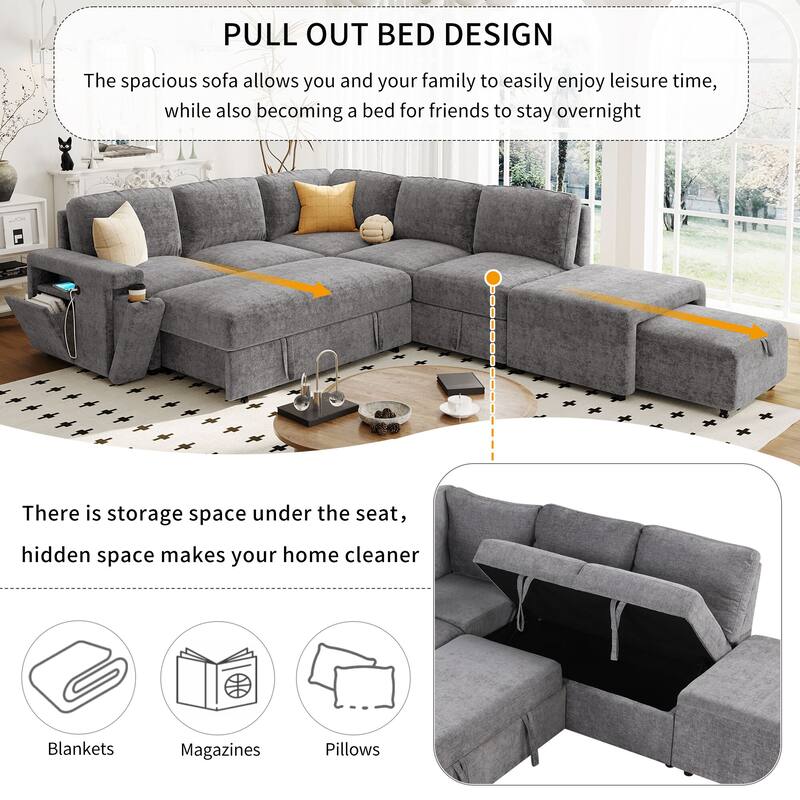 90.6'' Modern L-shaped Padded Modular Sofa with Storage Space, USB Ports, and Cup Holders on the Armrests