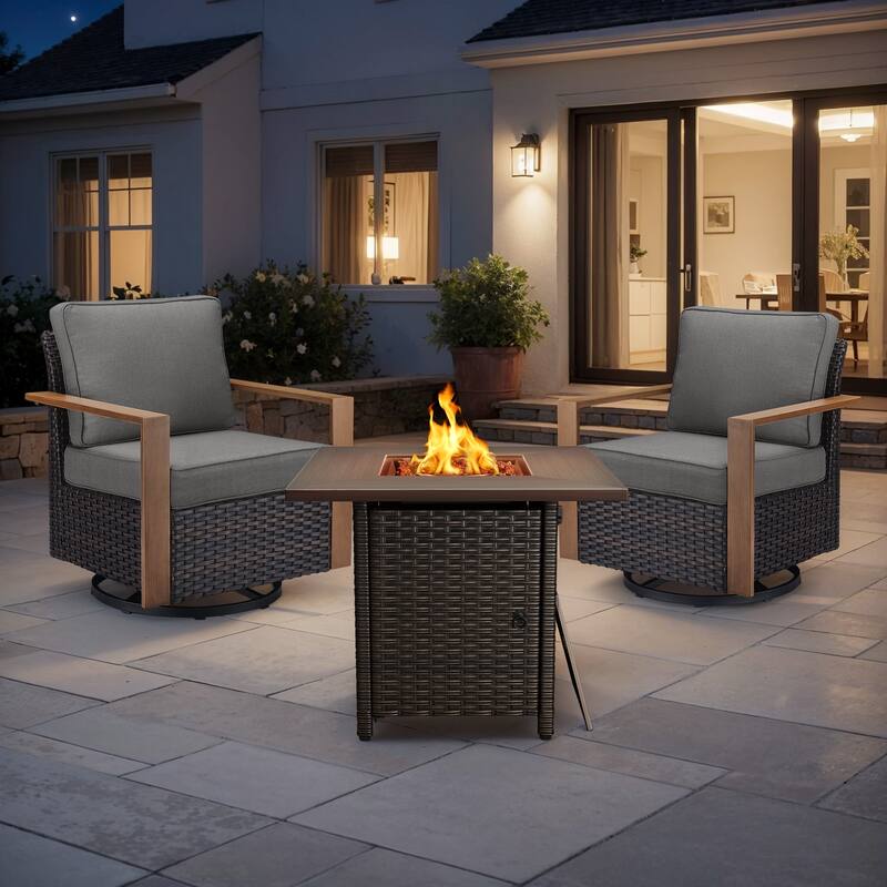 Meyreso 3-Piece Wicker Swivel Glider Fire Pit Set with Plush 4.5" Olefin Cushions - Brown Wicker - Gray Cushions