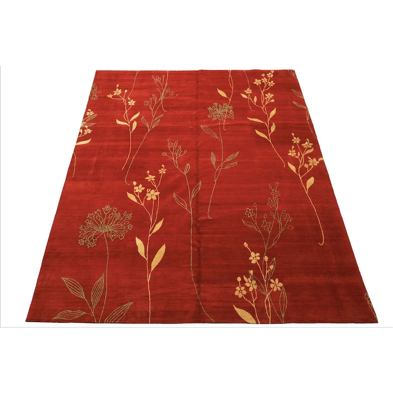 8x10 Hand Knotted Wool & Silk Red Transitional Floral Tibetan Rug - 8' x 10'