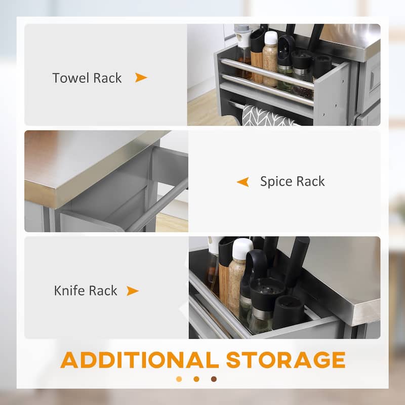 HOMCOM Rolling Kitchen Island with Storage, Portable Kitchen Cart with Stainless Steel Top, Gray - N/A