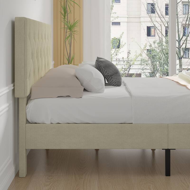 VECELO Tufted Upholstered Linen Bed Platform Bed Frame with Upholstered Headboard, Button Tufted Design